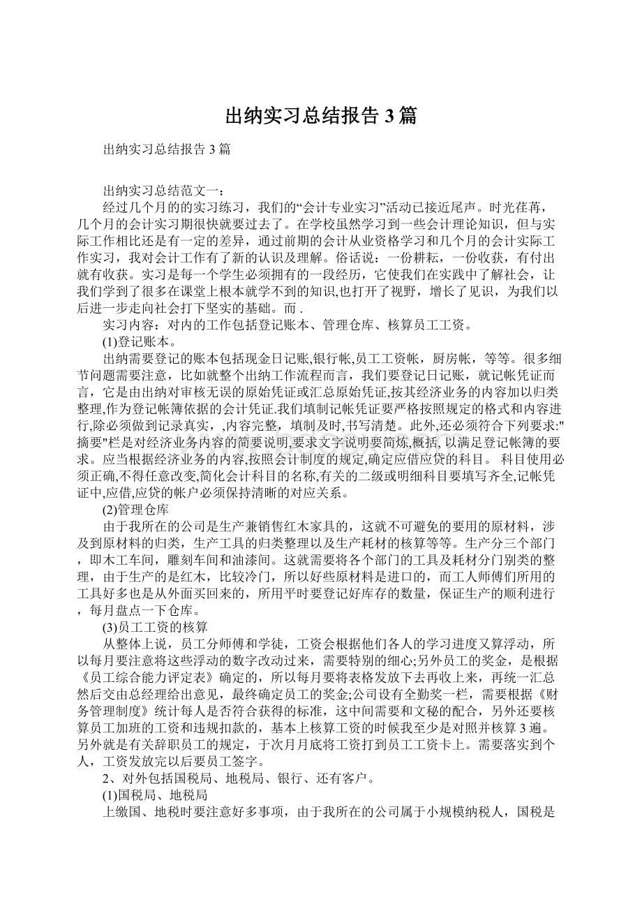 出纳实习总结报告3篇Word格式文档下载.docx