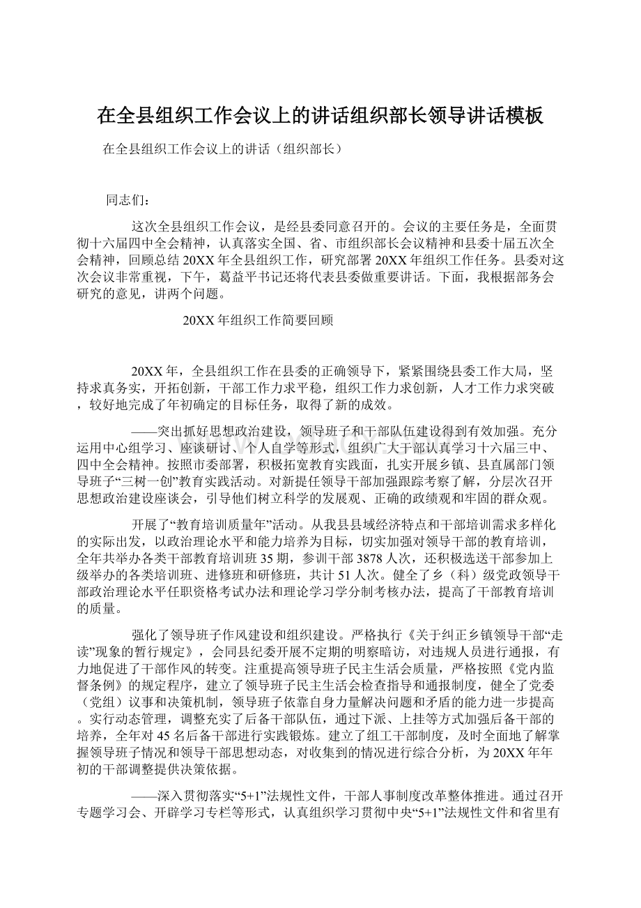 在全县组织工作会议上的讲话组织部长领导讲话模板Word文件下载.docx