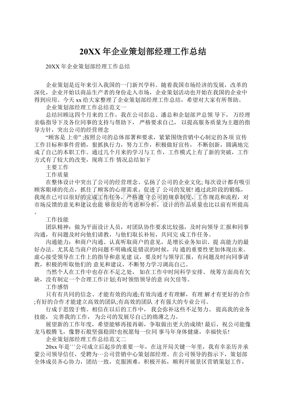 20XX年企业策划部经理工作总结Word格式.docx