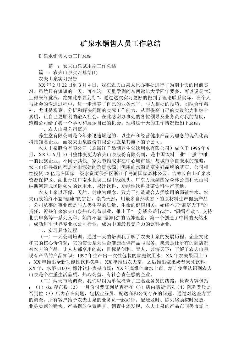 矿泉水销售人员工作总结文档格式.docx