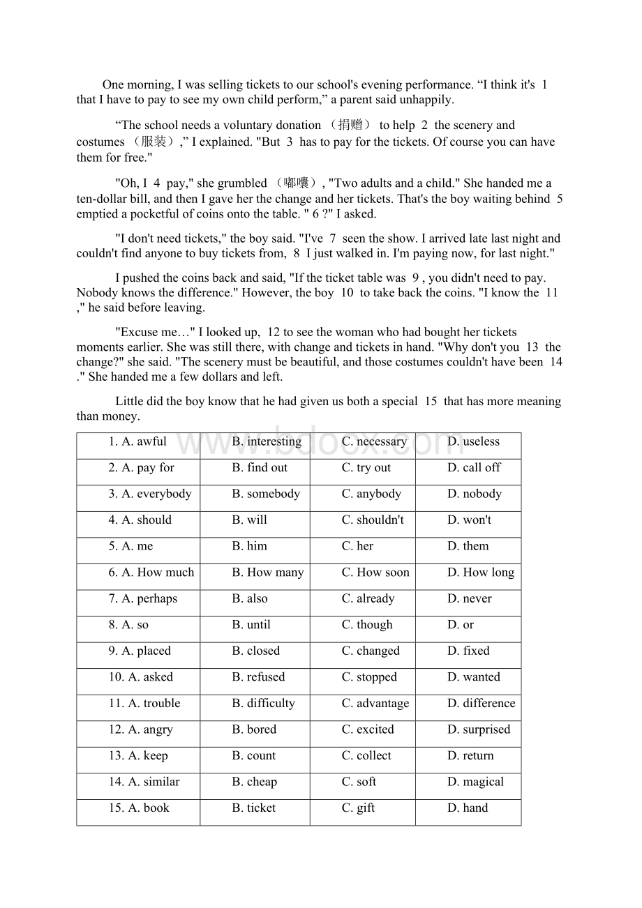 最新中考英语英语完形填空汇编基础练习题Word文档格式.docx_第3页