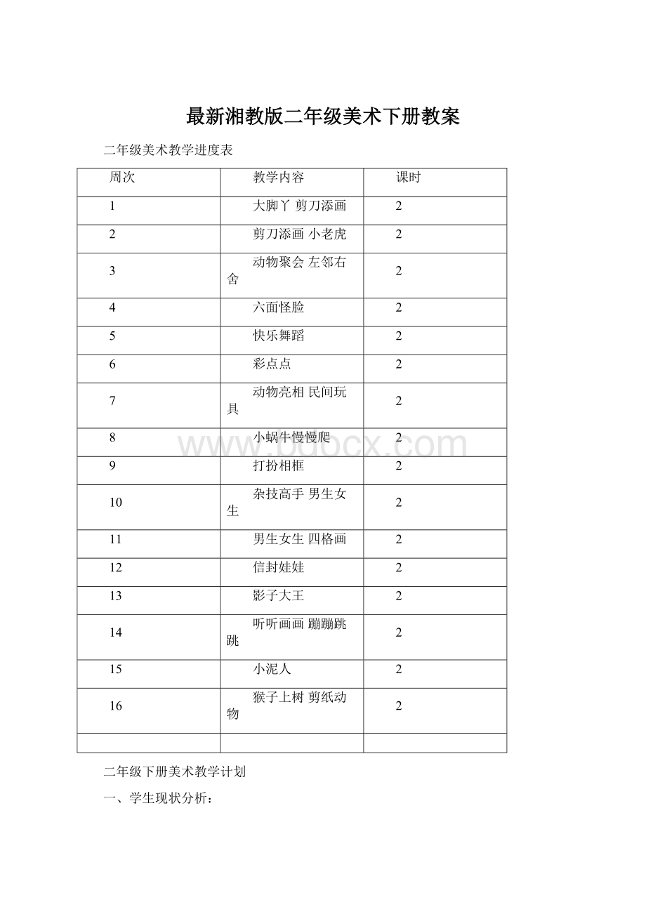 最新湘教版二年级美术下册教案Word格式.docx