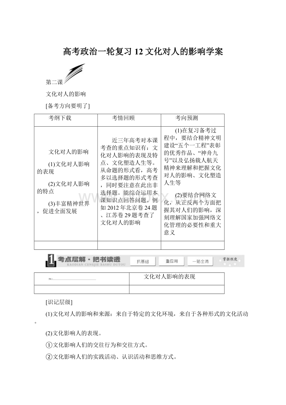 高考政治一轮复习 12文化对人的影响学案文档格式.docx