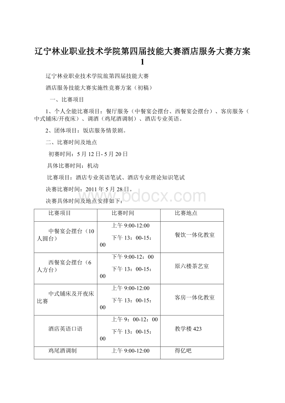 辽宁林业职业技术学院第四届技能大赛酒店服务大赛方案 1Word文档下载推荐.docx