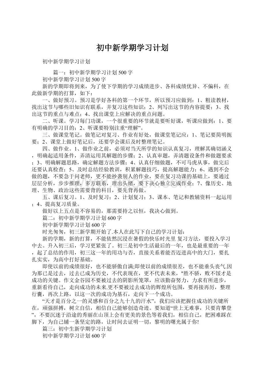 初中新学期学习计划文档格式.docx