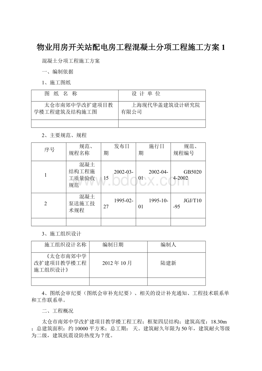 物业用房开关站配电房工程混凝土分项工程施工方案1.docx_第1页