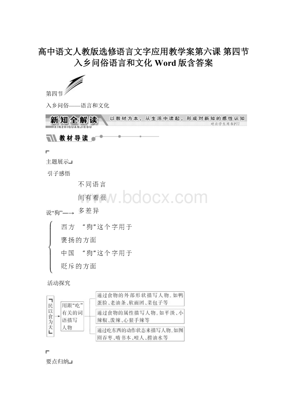 高中语文人教版选修语言文字应用教学案第六课 第四节 入乡问俗语言和文化 Word版含答案Word文档格式.docx