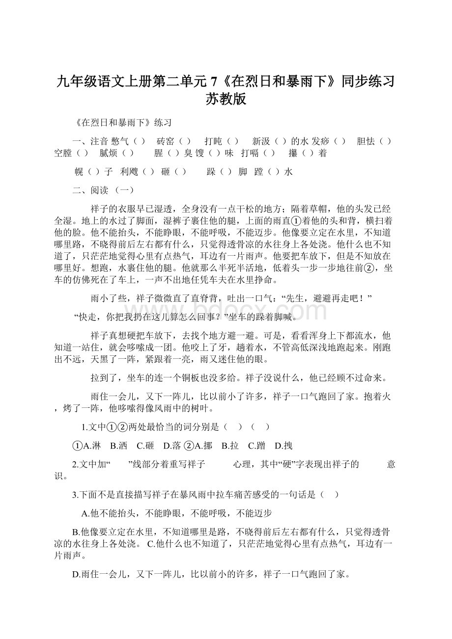 九年级语文上册第二单元7《在烈日和暴雨下》同步练习苏教版.docx