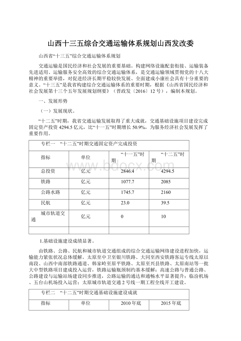 山西十三五综合交通运输体系规划山西发改委.docx_第1页