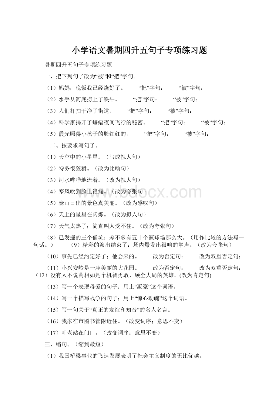 小学语文暑期四升五句子专项练习题Word文档格式.docx_第1页