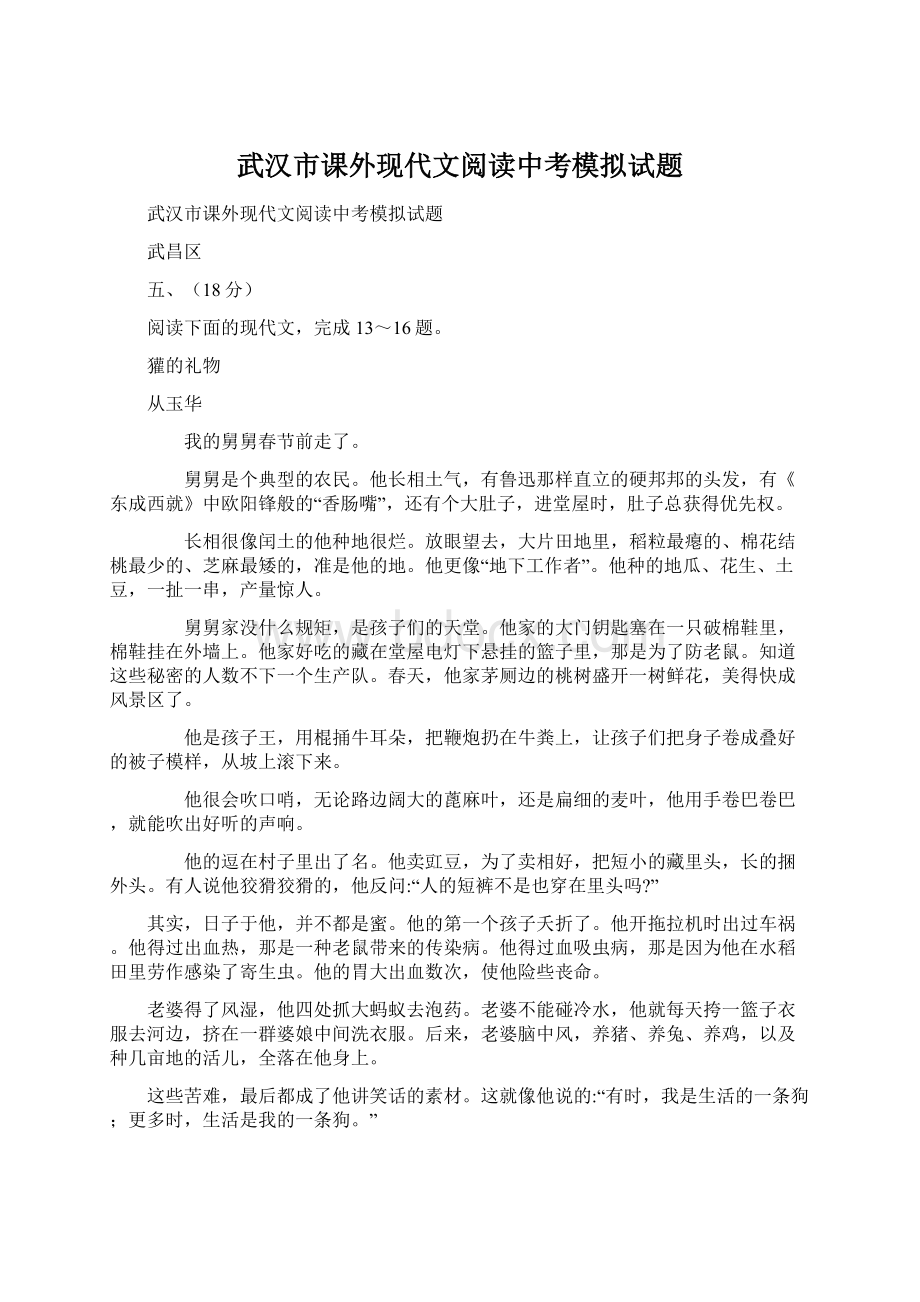 武汉市课外现代文阅读中考模拟试题Word文档格式.docx