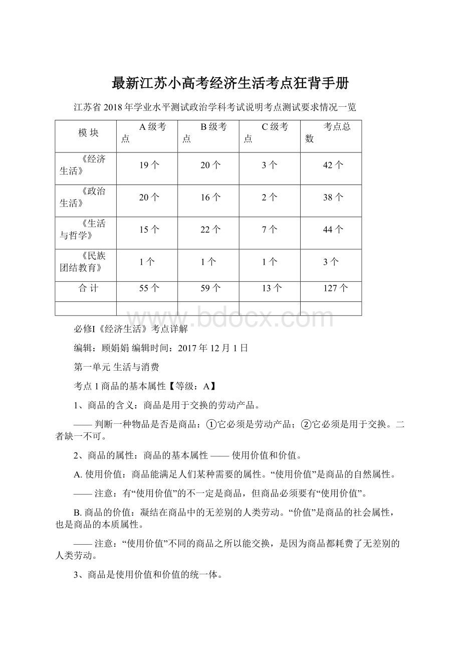 最新江苏小高考经济生活考点狂背手册Word文档格式.docx