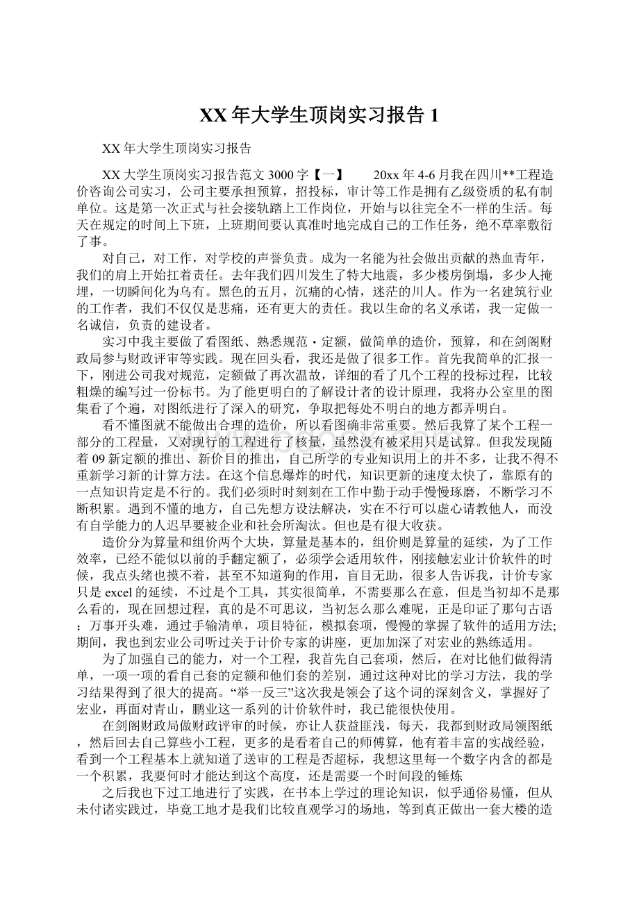 XX年大学生顶岗实习报告1文档格式.docx