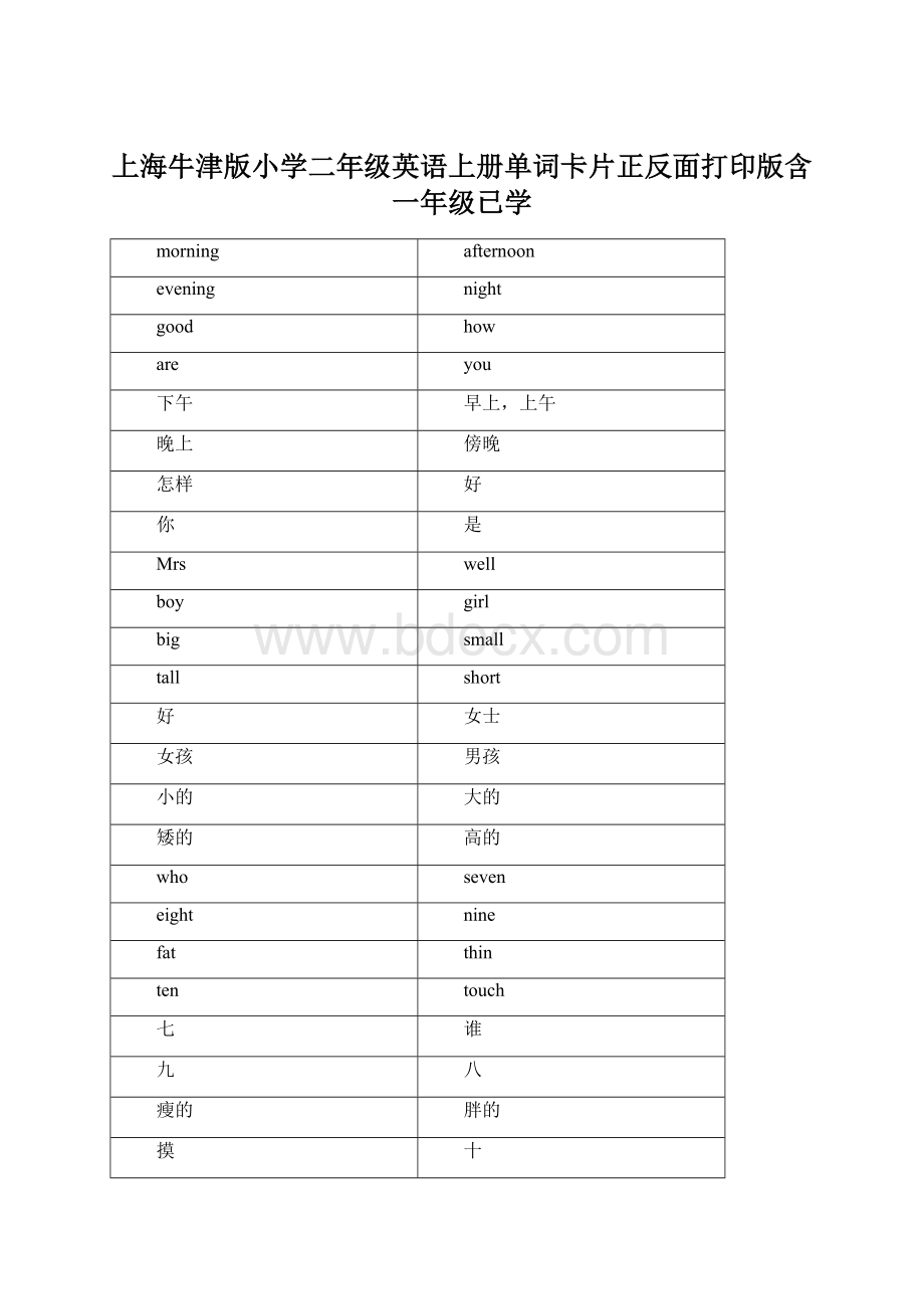 上海牛津版小学二年级英语上册单词卡片正反面打印版含一年级已学.docx_第1页