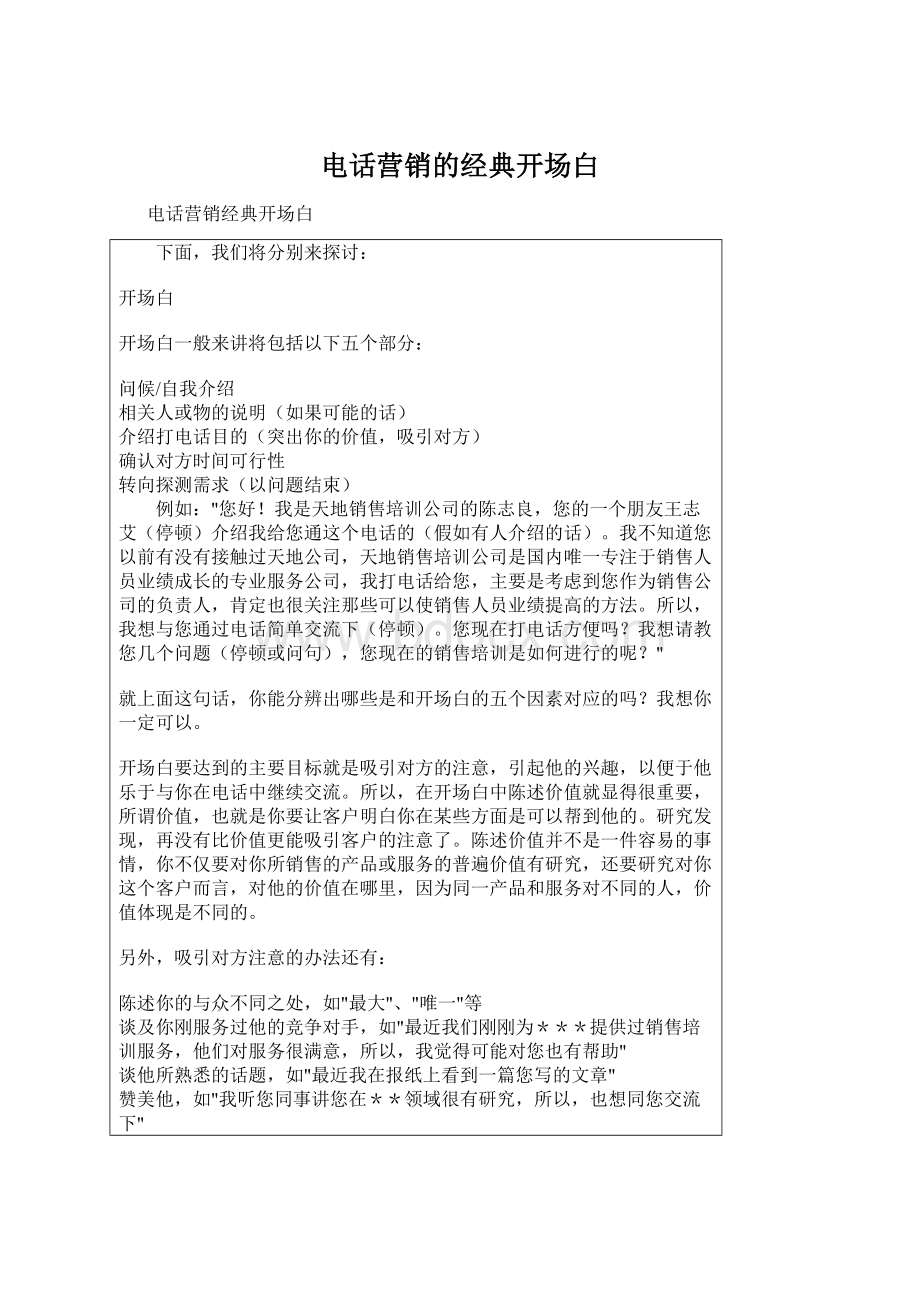 电话营销的经典开场白Word文档格式.docx_第1页