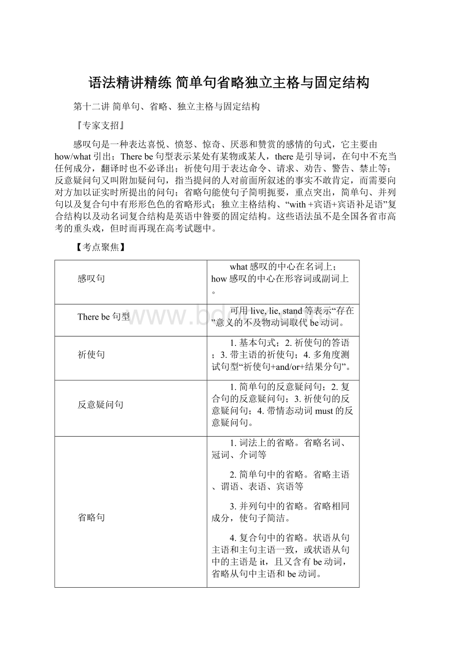 语法精讲精练 简单句省略独立主格与固定结构Word文件下载.docx