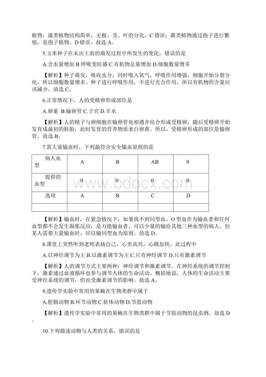 湖南省岳阳市初中学业水平考试生物试题答案及考点解释Word格式.docx_第2页