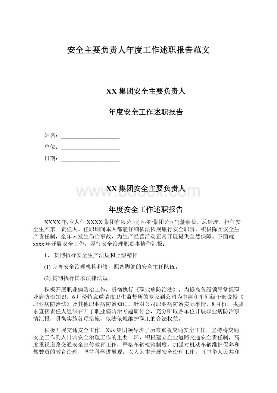 安全主要负责人年度工作述职报告范文.docx_第1页