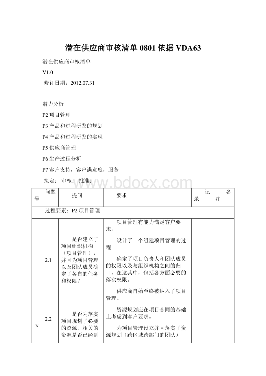 潜在供应商审核清单0801依据VDA63.docx_第1页