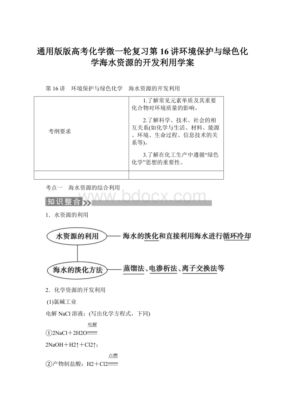 通用版版高考化学微一轮复习第16讲环境保护与绿色化学海水资源的开发利用学案.docx_第1页