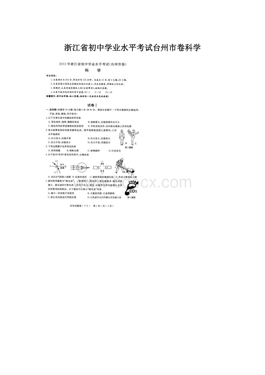 浙江省初中学业水平考试台州市卷科学.docx