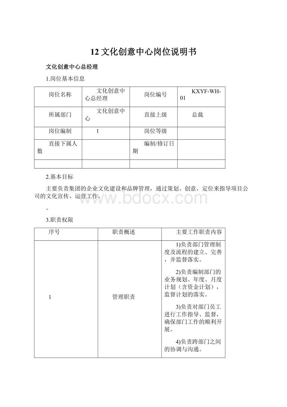 12文化创意中心岗位说明书Word格式文档下载.docx