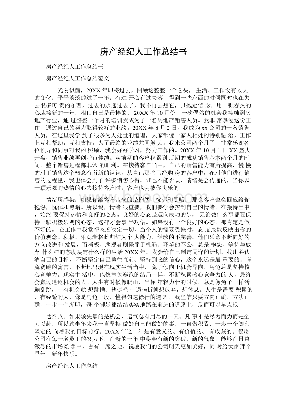 房产经纪人工作总结书Word文档下载推荐.docx