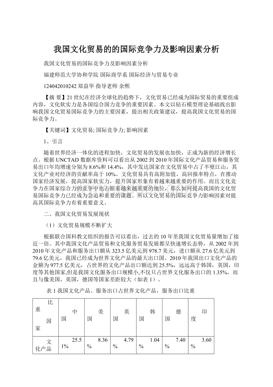 我国文化贸易的的国际竞争力及影响因素分析Word格式文档下载.docx