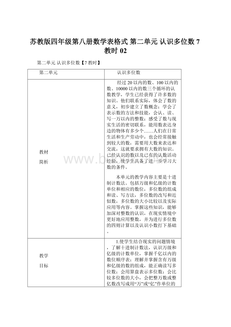 苏教版四年级第八册数学表格式 第二单元 认识多位数7教时02Word下载.docx