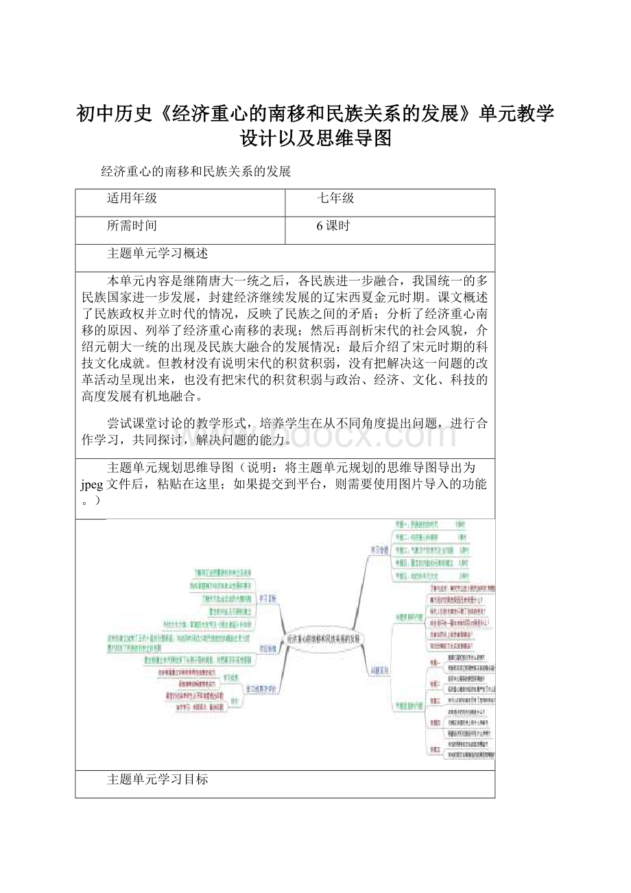 初中历史《经济重心的南移和民族关系的发展》单元教学设计以及思维导图.docx