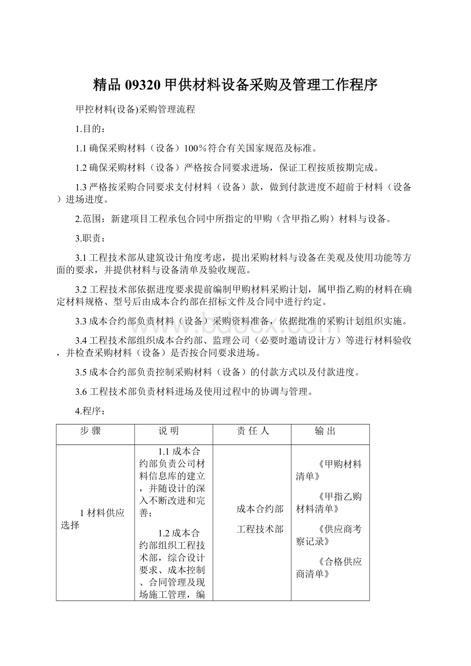 精品09320甲供材料设备采购及管理工作程序Word格式.docx