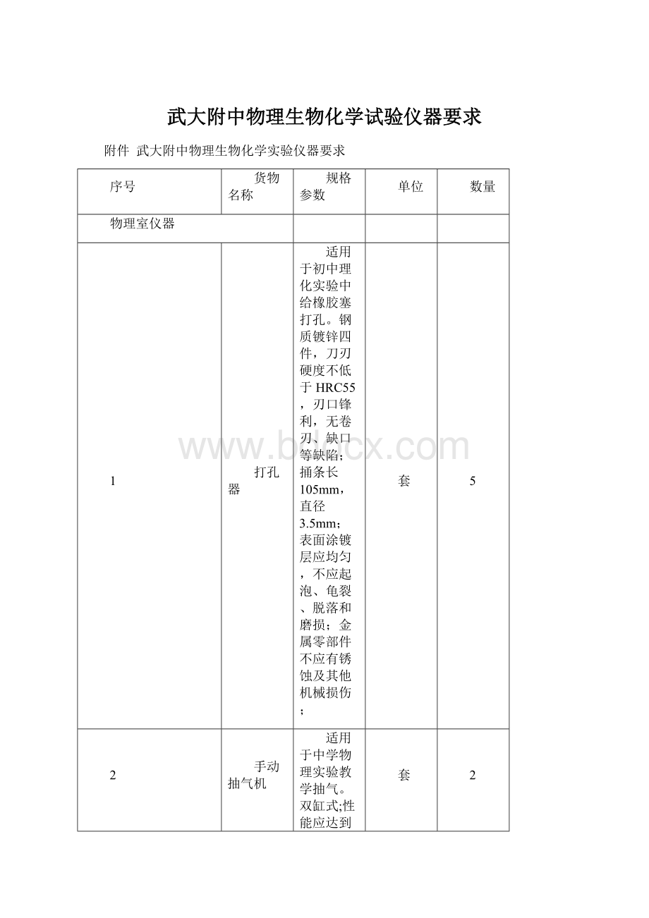 武大附中物理生物化学试验仪器要求Word文件下载.docx