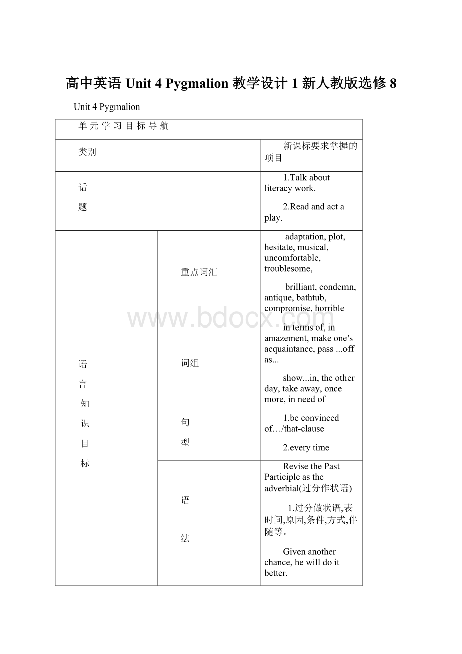 高中英语 Unit 4 Pygmalion教学设计1 新人教版选修8文档格式.docx