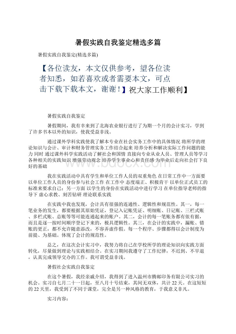 暑假实践自我鉴定精选多篇Word文件下载.docx