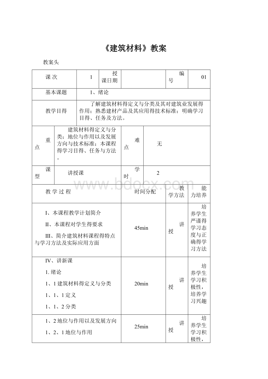 《建筑材料》教案Word格式.docx_第1页