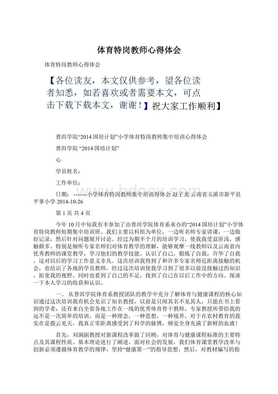 体育特岗教师心得体会Word格式.docx