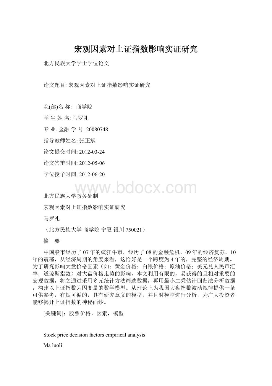 宏观因素对上证指数影响实证研究.docx_第1页