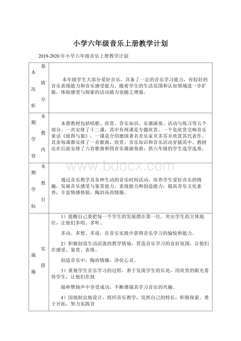 小学六年级音乐上册教学计划Word格式文档下载.docx