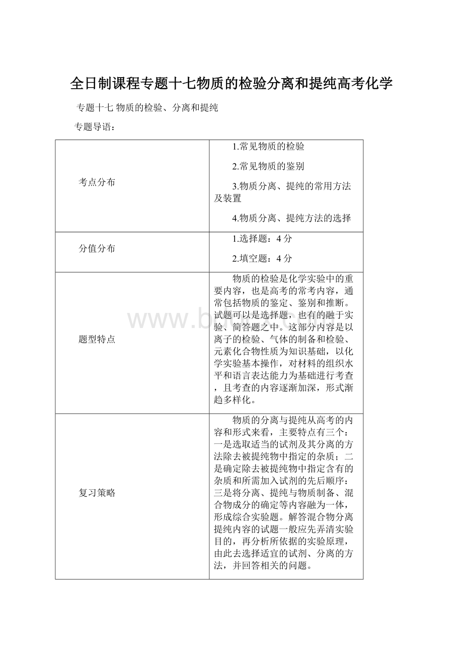 全日制课程专题十七物质的检验分离和提纯高考化学.docx_第1页