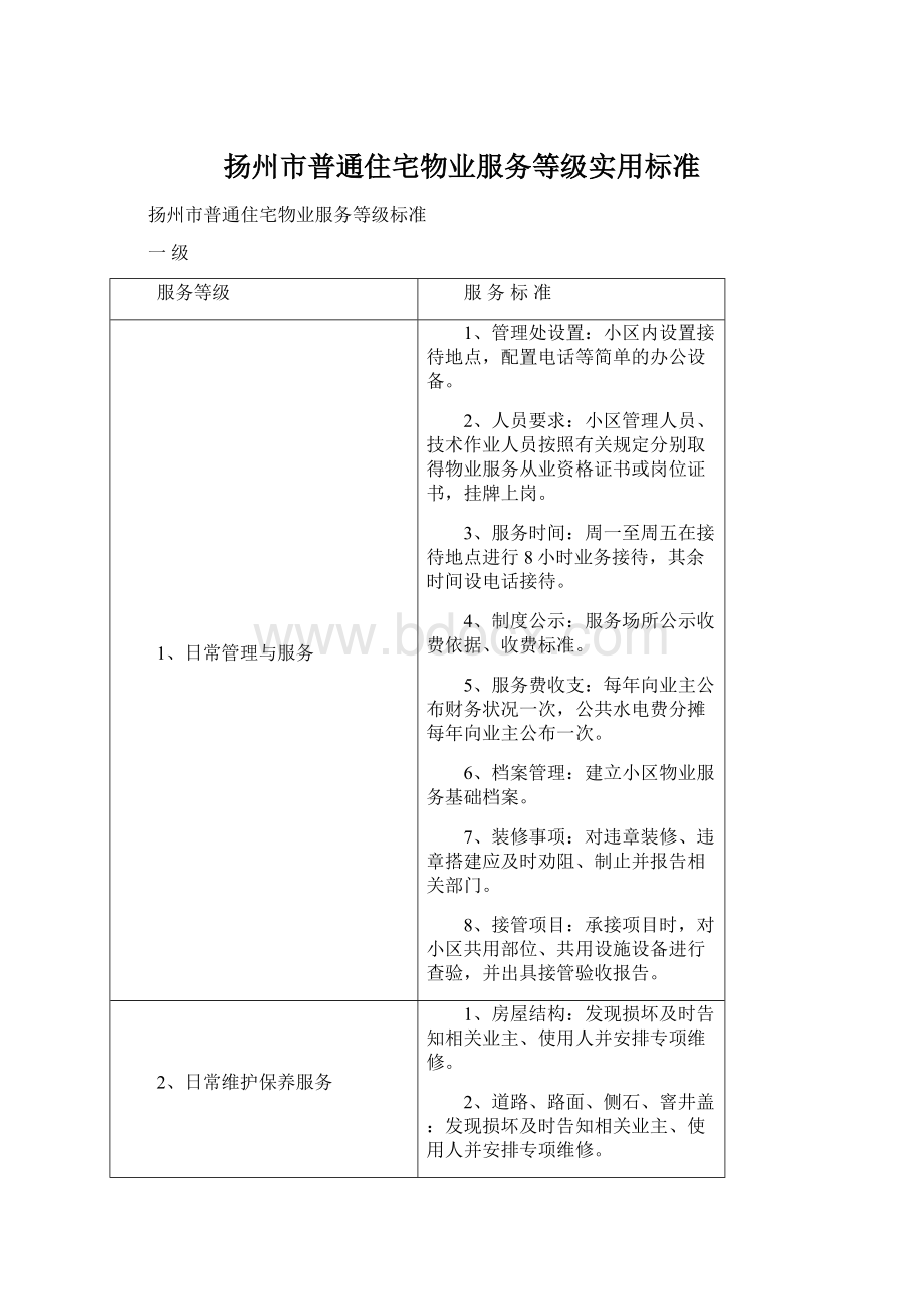 扬州市普通住宅物业服务等级实用标准Word文档下载推荐.docx_第1页