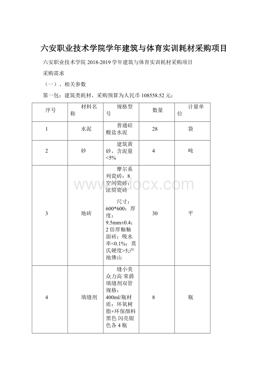 六安职业技术学院学年建筑与体育实训耗材采购项目Word文档下载推荐.docx