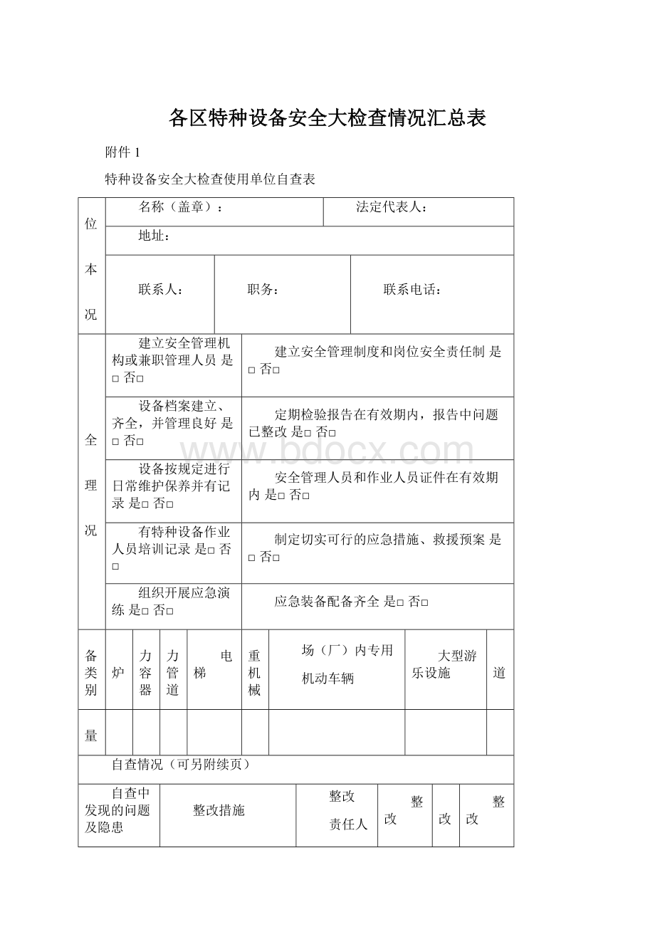 各区特种设备安全大检查情况汇总表Word文档下载推荐.docx_第1页