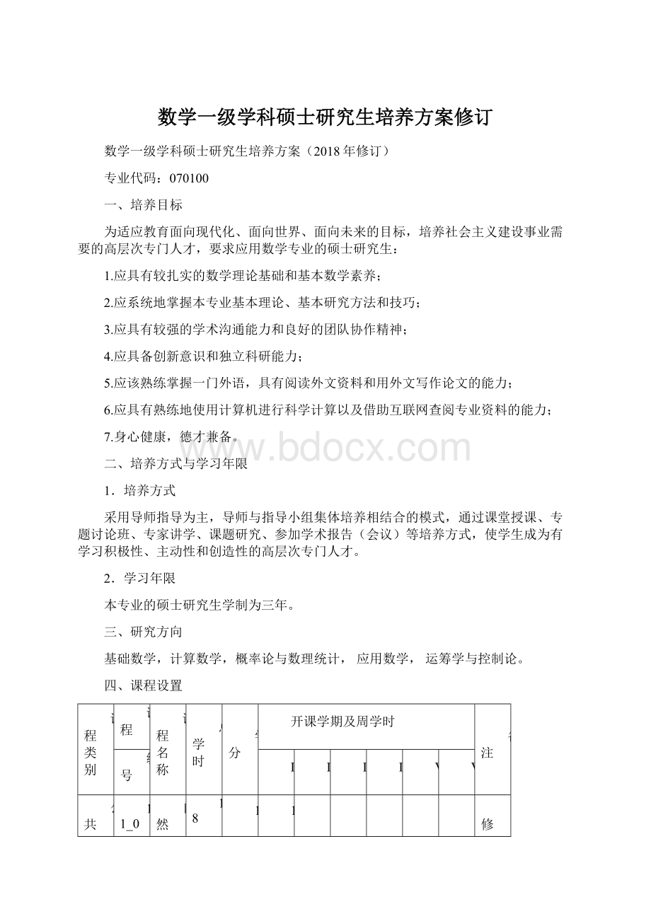 数学一级学科硕士研究生培养方案修订Word格式.docx