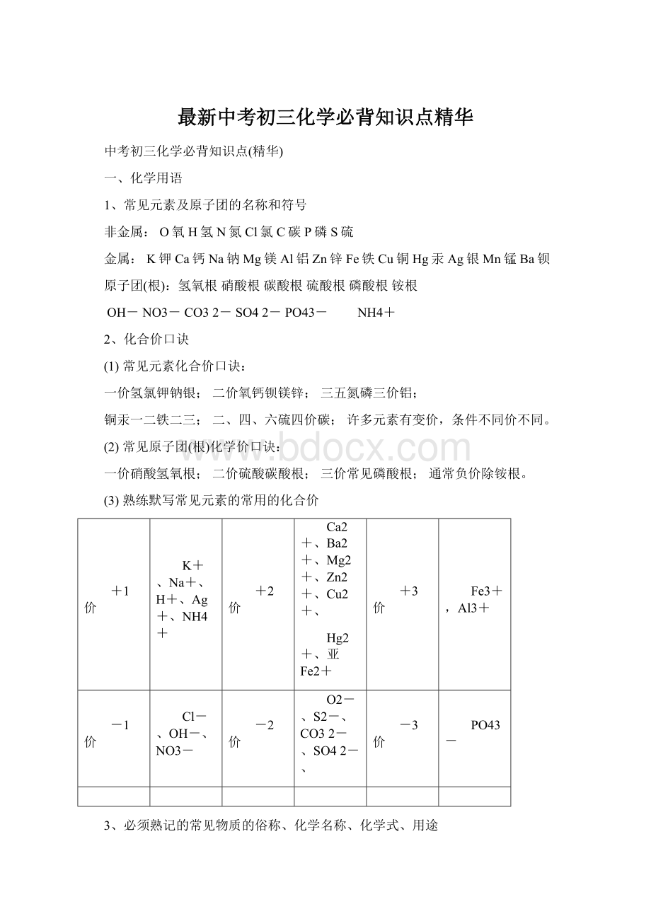 最新中考初三化学必背知识点精华Word格式文档下载.docx