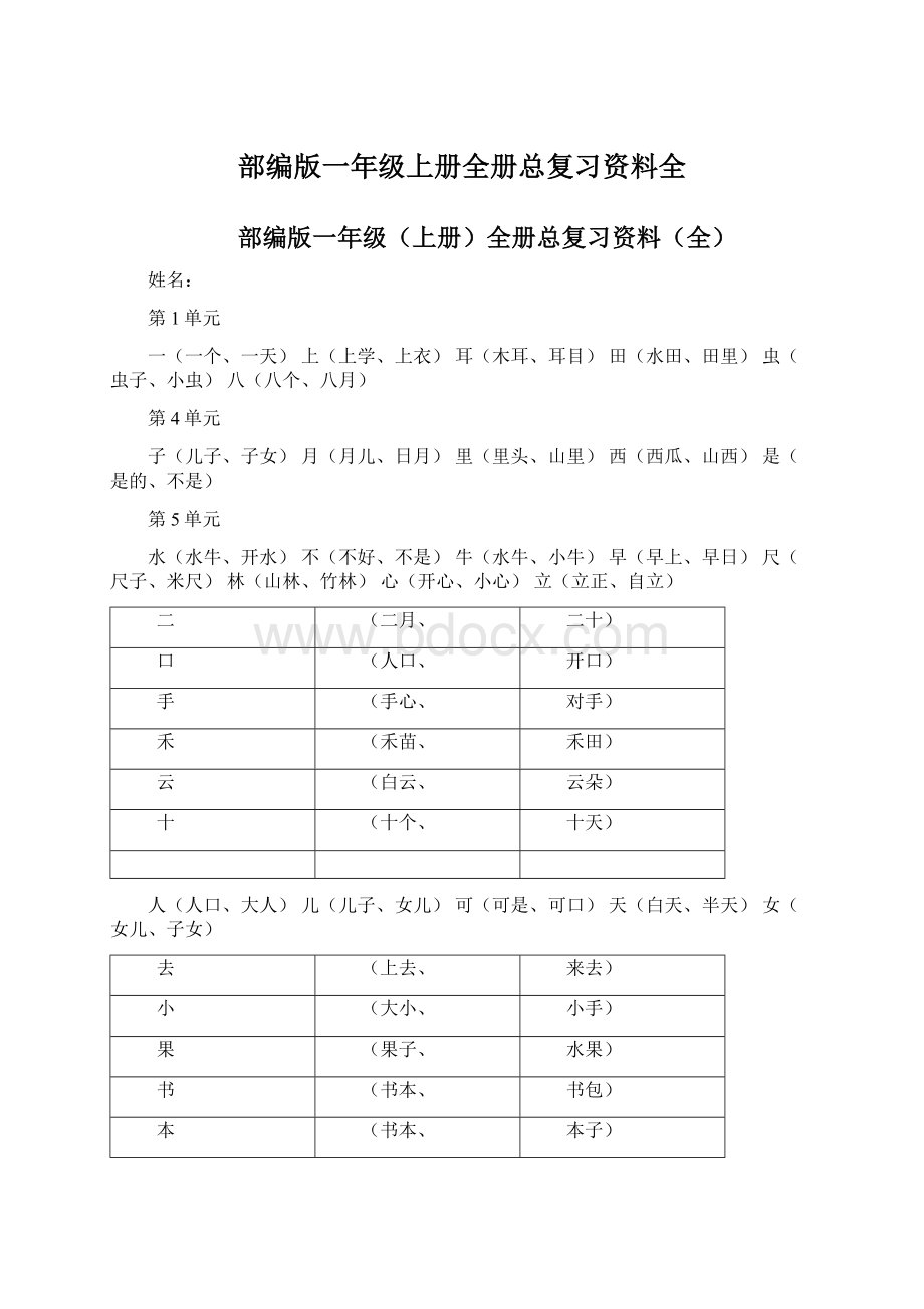 部编版一年级上册全册总复习资料全Word文档格式.docx_第1页