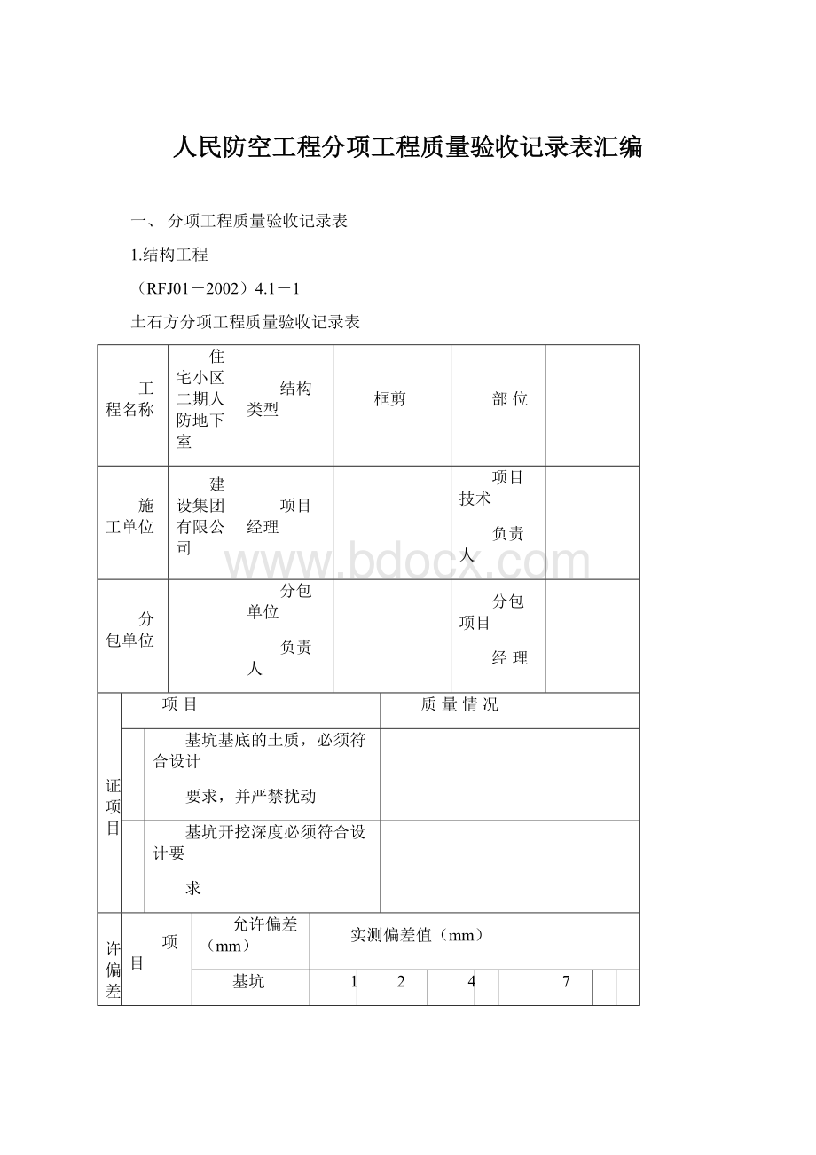 人民防空工程分项工程质量验收记录表汇编Word格式文档下载.docx