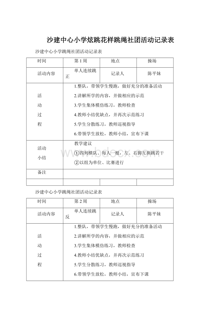 沙建中心小学炫跳花样跳绳社团活动记录表Word文件下载.docx_第1页