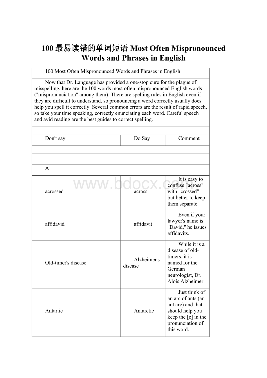 100最易读错的单词短语 Most Often Mispronounced Words and Phrases in English.docx_第1页