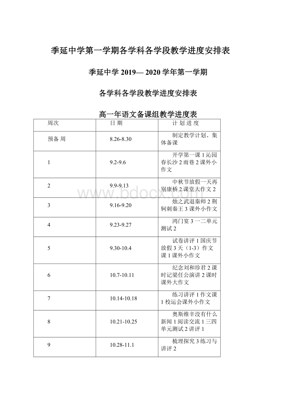 季延中学第一学期各学科各学段教学进度安排表.docx_第1页