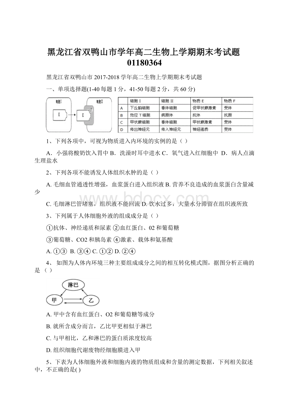 黑龙江省双鸭山市学年高二生物上学期期末考试题01180364.docx